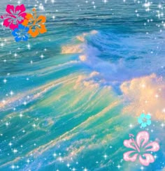 an image of the ocean with flowers and stars in the sky on it's surface