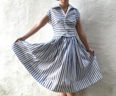 A perfect 50s summer look! Obsessed with the lovely little shirt.  The dress is beautifully executed. It's measurements are: bust 38", waist 28", 39" shoulder to hem, waist falls 15" from shoulder. Shirt bust 38", 15.5" shoulder to hem.  A really special dress in lovely condition. Could do with a hook & eye at top of zip but very wearable as is. 1950s Casual Outfits, 50s Summer, 1950s Casual, Dress And Blouse, Special Dress, Full Skirt Dress, Special Dresses, Dress Suit, Stripe Dress