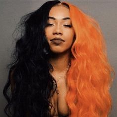 24 Orange & Black 2 Tone split dye lace front wig . Arrives | Etsy Half And Half Hair, Split Dye, Split Dyed Hair, Hair Streaks, Split Hair, Short Hair Color, Hair Color Blue, Peruvian Hair, Hair Dye Colors