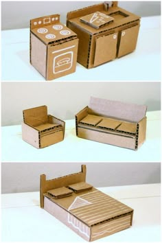 three cardboard boxes are open and closed on the same side, one with a bed inside