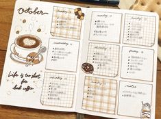 an open planner with coffee and doughnuts on it