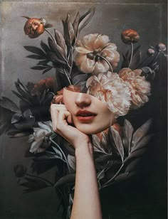 a painting of a woman with flowers on her head and hands to her face, in front of a gray background