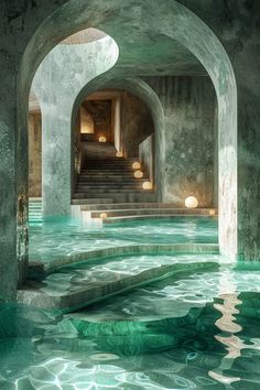 an indoor swimming pool with steps leading up to the upper floor and water running through it