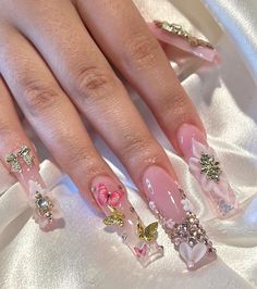 Summer Gem Nails, Nagellack Trends, Pink 3d, Long Acrylic Nails Coffin, Unique Acrylic Nails, Nails For Women, Jelly Nails