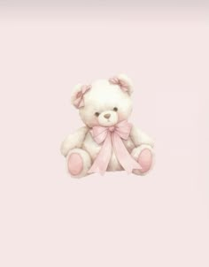 a white teddy bear with a pink bow on it's head sitting in front of a light pink background