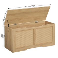 a large wooden storage box with measurements