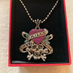 Authentic Ed Hardy Love Kills Slowly Necklace New In Original Box. Limited Edition Necklace In Stainless Steel With Natural Gemstones Ruby Emerald And Black Onyx In Eyes. 24” Long Ball Chain Y Chain Necklace, Vintage Luxury Jewelry, Ed Hardy Jewelry, Funky Jewelry Silver, Non Tarnish Jewelry, 90s Accessories Jewelry, Y2k Jewelry Aesthetic, Cute Chains, 2000s Jewelry