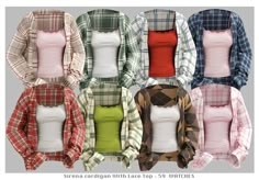 six different plaid shirts with long sleeves and tops on each one, all in different colors