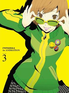 an anime character is posing with her hands on her head and wearing green sunglasses,