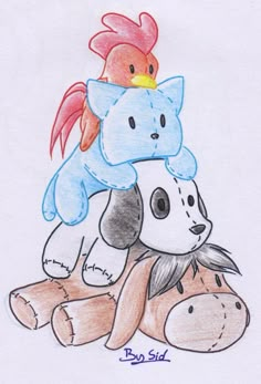 a drawing of two stuffed animals on top of each other