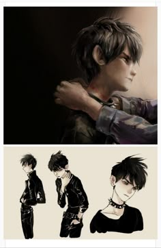 three different pictures of people with black hair and one has his arm around the other's neck