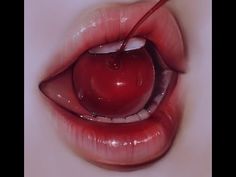 an artistic painting of a cherry in the eye of a woman's lips with water drops on it