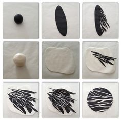 six different images of black and white artwork with circles, shapes, and feathers on them