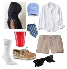 some clothes and accessories are arranged on a white background, including a hat, sunglasses, shirt, tie, shorts, and shoes