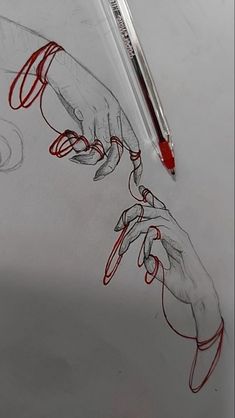 a pencil drawing of two hands holding each other's fingers with red crayons on them