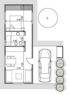 the floor plan for an apartment with two beds and one car parked in front of it