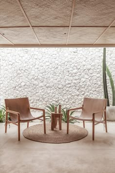 two chairs sitting on top of a rug next to a table and potted plant