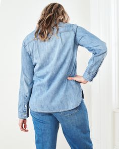 Roll up, roll up. Our denim shirt will have you looking relaxed but ready for anything. As comfy as it is stylish, this classic is made of soft, 100% cotton denim with roll-up sleeves, two front pockets, and darted back for more shape. The tulip sides give a bit of feminine curve and the distressed wash provides extra texture.  | Quince | Women's Distressed Denim Shirt in Blue, Size Large, Cotton Washed Blue Denim Button-up Shirt, Denim Blue Relaxed Fit Button-up Blouse, Dark Wash Chambray Button-up Denim Top, Washed Chambray Denim Button-up Top, Medium Wash Chambray Button-up Shirt, Womens Denim Shirt, Roll Up Sleeves, Denim Shirt, White Wash