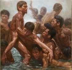 an oil painting of men in the water with one holding another man's hand