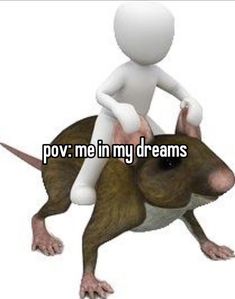 a person riding on the back of a rat with text that reads pov me in my dreams