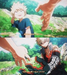 an anime scene with two hands reaching out to touch the hand of another person's arm