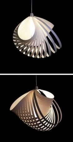 two different views of a light fixture in the shape of a bird's nest