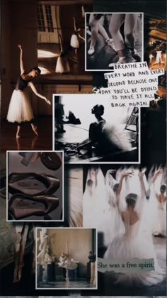 a collage of photos with dancers in white dresses and black shoes on the floor