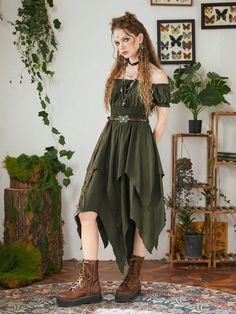 Off Shoulder Asymmetrical Hem Dress Without Belt Green Boho  Short Sleeve Fabric Halloween,Plain A Line Non-Stretch  Women Clothing, size features are:Bust: ,Length: ,Sleeve Length: Ren Faire Outfits, Dress Medieval, Fairy Outfit, Fair Outfits, Fest Outfits, Asymmetrical Hem Dress, Medieval Dress, Fern Green, Fairy Costume