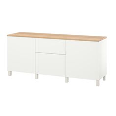 a white cabinet with wooden top and two drawers on one side, against a white background