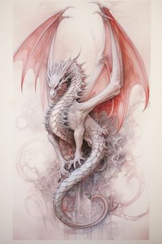 a drawing of a white dragon sitting on top of a stone pillar with red wings