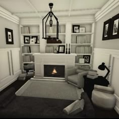 a living room filled with furniture and a fire place in the middle of bookshelves