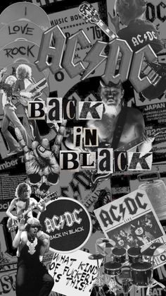 black and white collage with the words back in black surrounded by various stickers