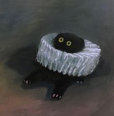 a painting of a black cat sitting in a white bowl with yellow eyes on it