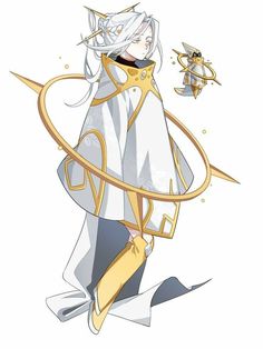 an anime character with white hair and gold accents holding a large circular object in her hand