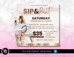 a pink and white flyer for a sip and bake party with champagne glasses on it