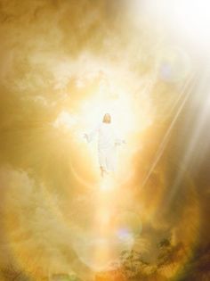 the jesus appears to be in the midst of clouds and sunbeams with his arms outstretched