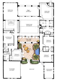 a floor plan for a house with an outdoor pool