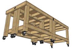 a wooden structure with wheels attached to it