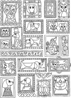 a coloring page with pictures of dogs and cats on them, all in black and white