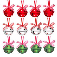 christmas balls with bows and decorations hanging from the top, all decorated in different designs