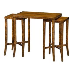 two wooden tables sitting next to each other