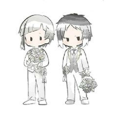 an image of two people that are dressed up in wedding attire and holding bouquets