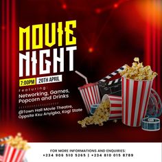 a movie night flyer with popcorn and drinks