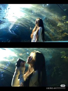 two pictures of a woman standing in front of an aquarium and looking up at the water