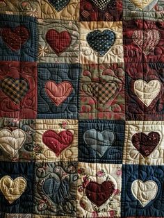 a quilt with many hearts on it in the shape of squares and heart - shaped patches