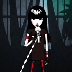 a cartoon girl holding a microphone in front of a dark background with trees and plants