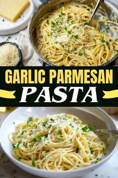 garlic parmesan pasta in a white bowl