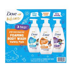 Dove Kids Care Foaming Body Wash is tear-free, sulfate-free, paraben-free and phthalate-free, perfect for kids daily skin care routine. It’s never too soon to teach kids the power of self-care. With Dove Kids Care Foaming Body Wash Variety Pack, you can help give children the encouragement to look after themselves in a way that’s fun while giving them the gentle care their skin needs. Suitable for all skin types, the ultra-caring phthalate-free body wash formula is made with 100% skin-natural nutrients* and is proven to be as gentle as water. Plus, it’s a body wash that’s been dermatologist and ophthalmologist-tested for added peace of mind. Made with a fun fragrance and a colorful formula, this body wash is perfect for making everyday bath or shower time more enjoyable. Every Dove Kids Ca Sulfate Free Body Wash, Berry Cookies, Foaming Body Wash, Smoothies For Kids, Daily Skin Care Routine, Daily Skin Care, Foam Cleanser, Variety Pack, Body Wash