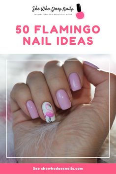 Squoval Nails Design Pink, Flamingo Nails Tropical, Flamingo Pedicure, Flamingo Pink Nails, Flamingo Nail Designs, Beach Gel Nails