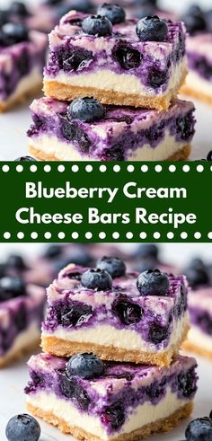 blueberry cream cheese bars are stacked on top of each other and topped with fresh blueberries